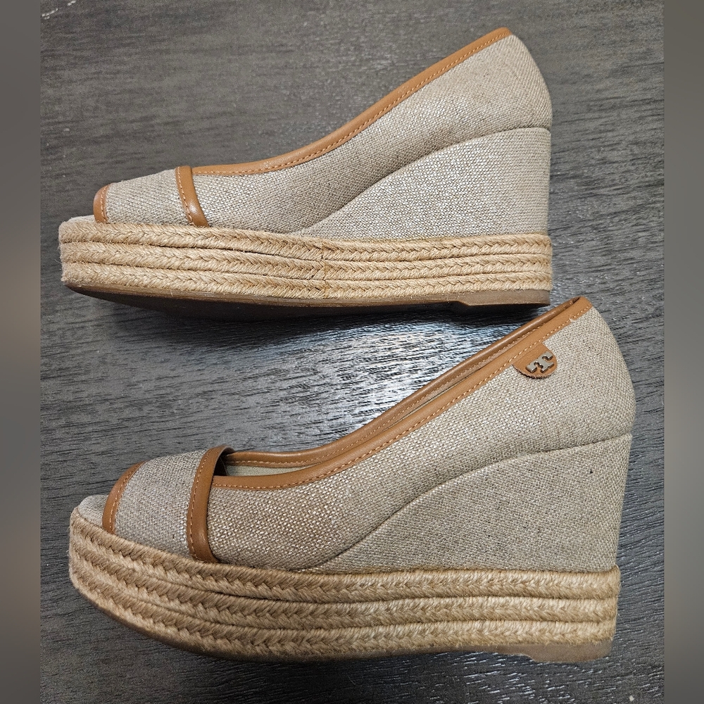 Tory Burch 6.5 Majorca Espadrille Wedge Heel Peep Toe Metallic Tan Brown Shoe - Picture 3 of 10